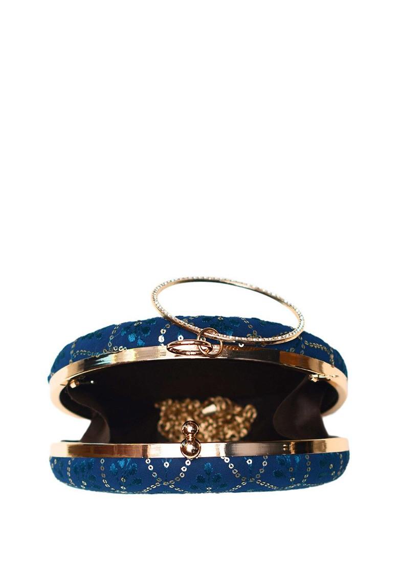 Navy Blue Satin Embroidered Box Clutch - Indya
