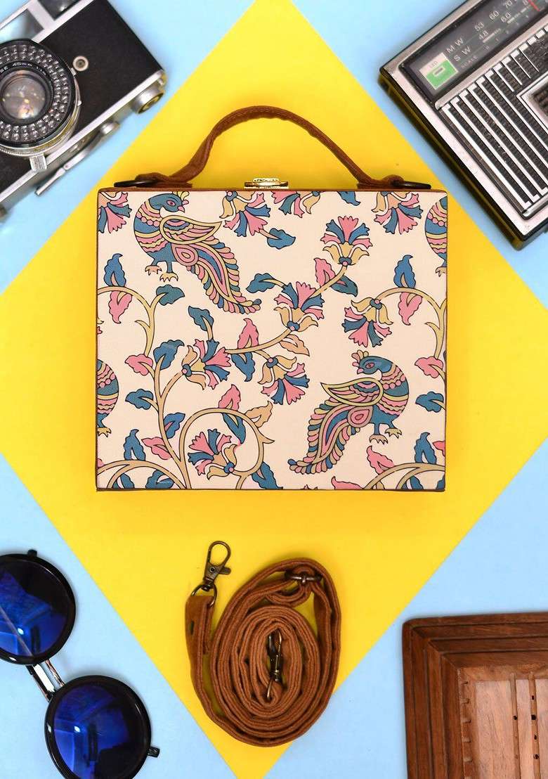 Peach Fabric Peacock Printed Suitcase Style Box Clutch - Indya