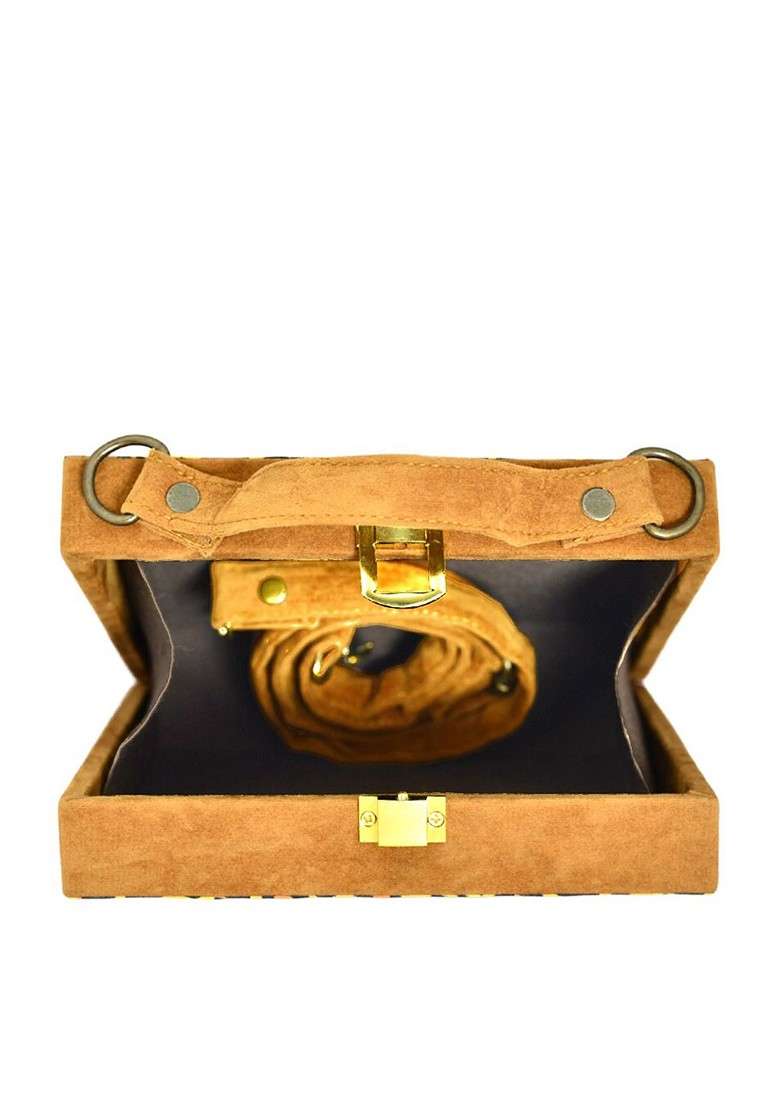 Peach Fabric Peacock Printed Suitcase Style Box Clutch - Indya