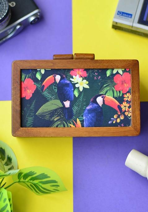 Brown Fabric Woman Brown And Multicoloured Printed Wooden Clutch