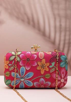 Red Satin Floral Embroidered Sequinned Box Clutch