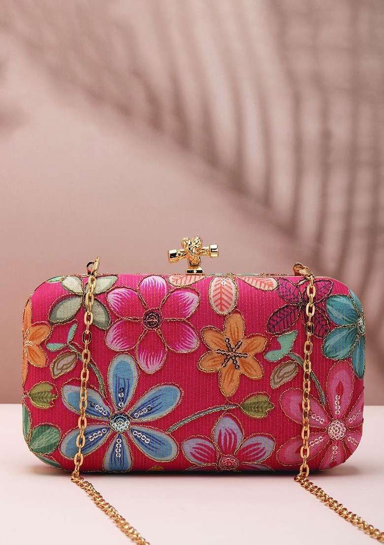 Red Satin Floral Embroidered Sequinned Box Clutch - Indya