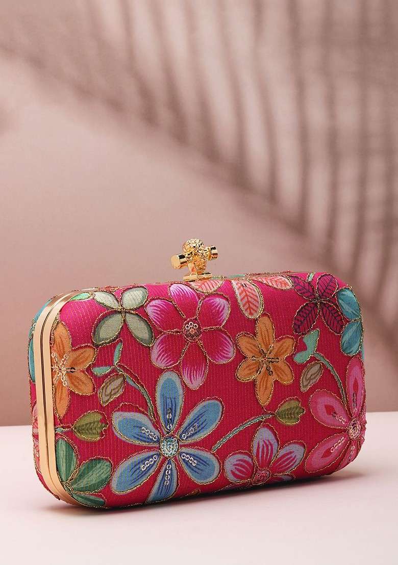 Red Satin Floral Embroidered Sequinned Box Clutch - Indya