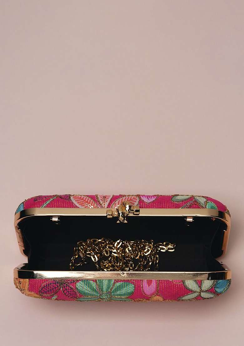 Red Satin Floral Embroidered Sequinned Box Clutch - Indya