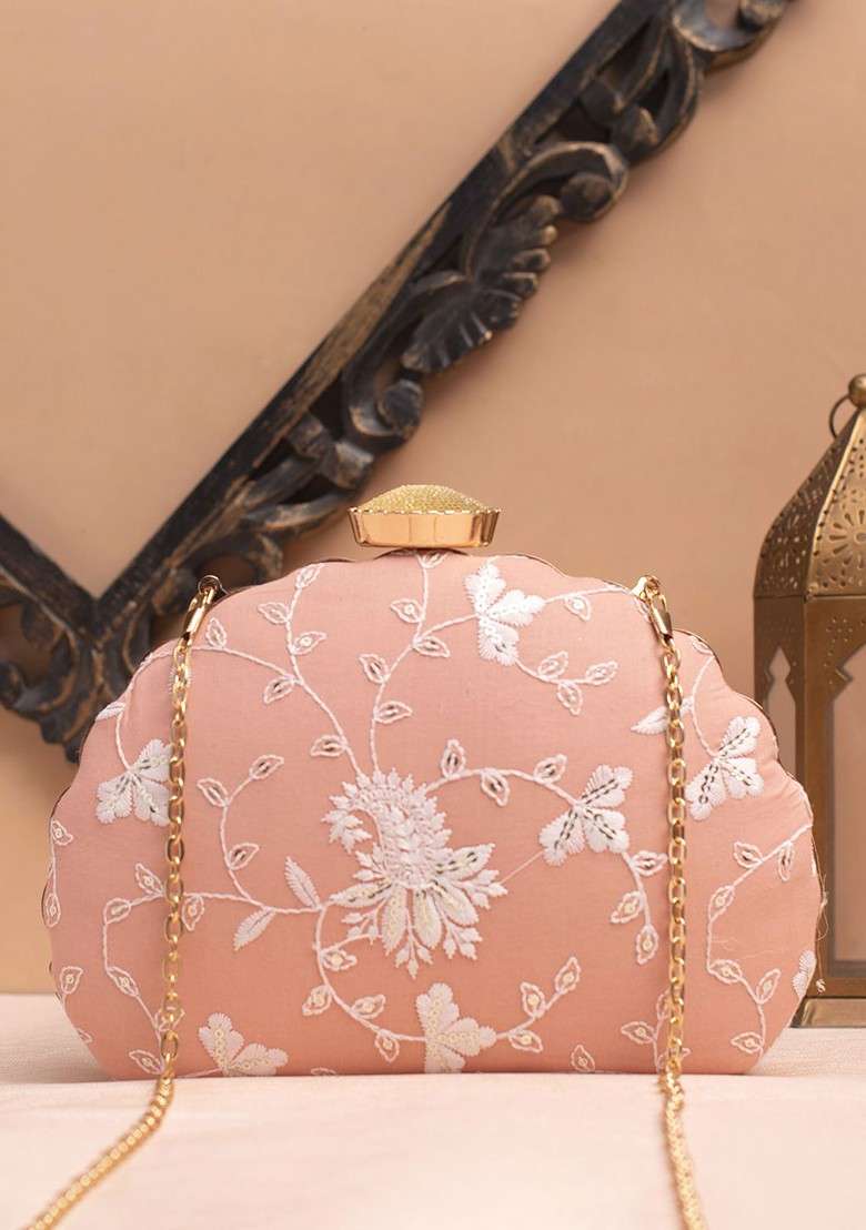 Peach Satin Embroidered Shoulder Strap Box Clutch - Indya