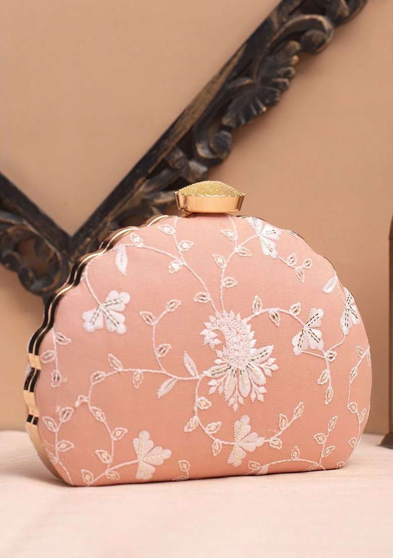 Peach Satin Embroidered Shoulder Strap Box Clutch - Indya