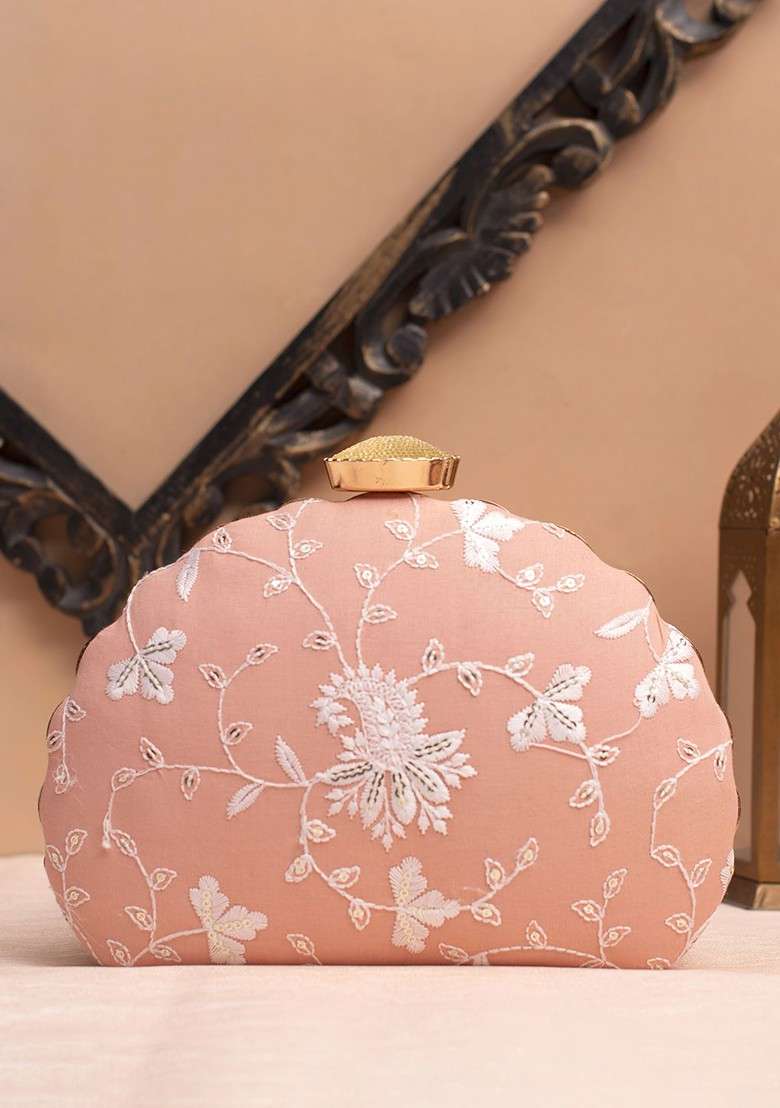 Peach Satin Embroidered Shoulder Strap Box Clutch - Indya