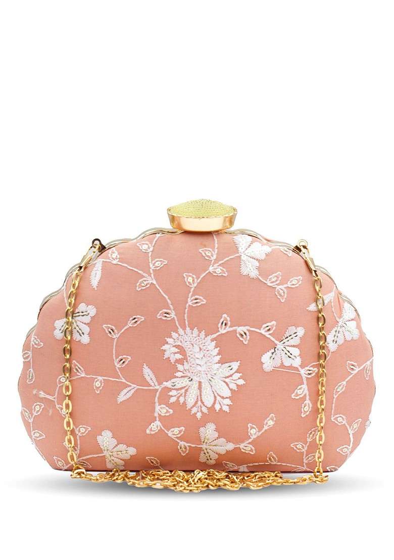Peach Satin Embroidered Shoulder Strap Box Clutch - Indya