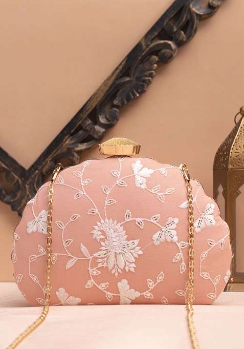 Peach Satin Embroidered Shoulder Strap Box Clutch