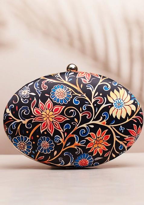 Black Fabric Printed Box Clutch