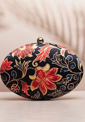 Black Fabric Floral Printed Box Clutch
