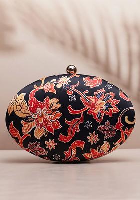 Black Fabric Floral Printed Box Clutch