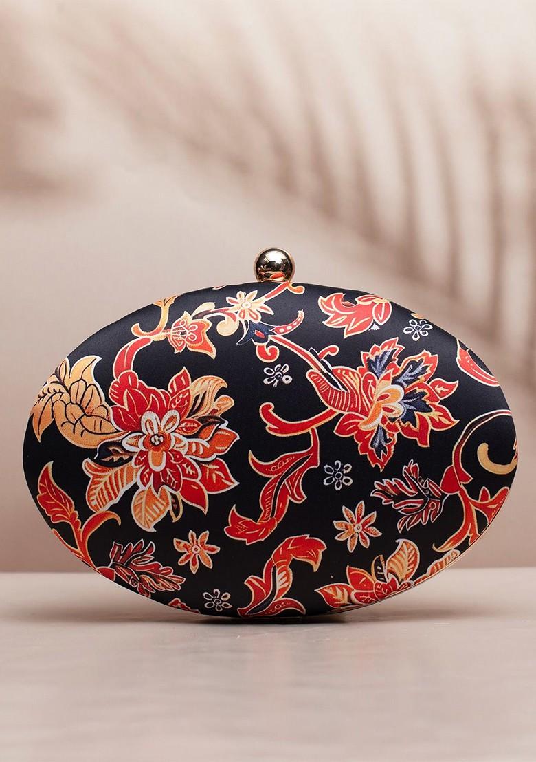 Black Fabric Floral Printed Box Clutch - Indya