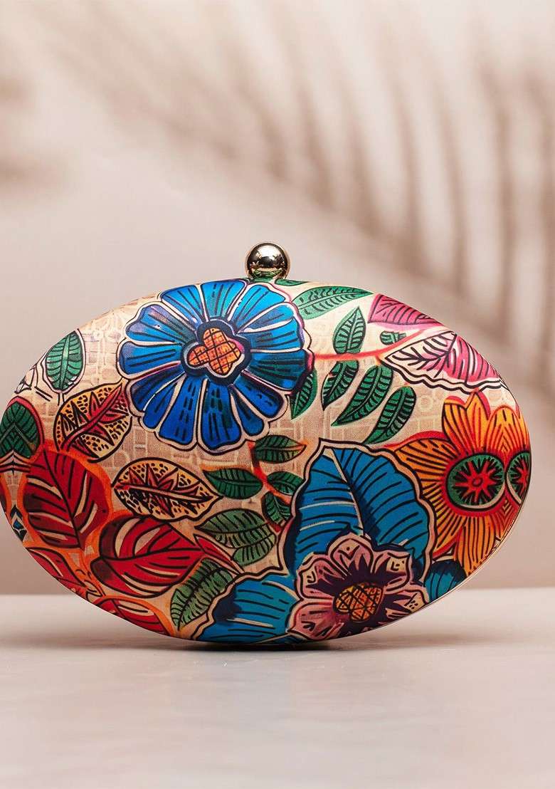 Orange Fabric Floral Printed Box Clutch - Indya