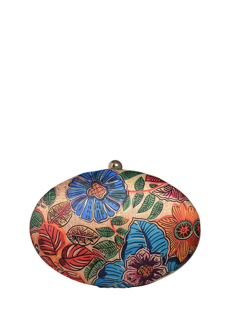Orange Fabric Floral Printed Box Clutch - Indya
