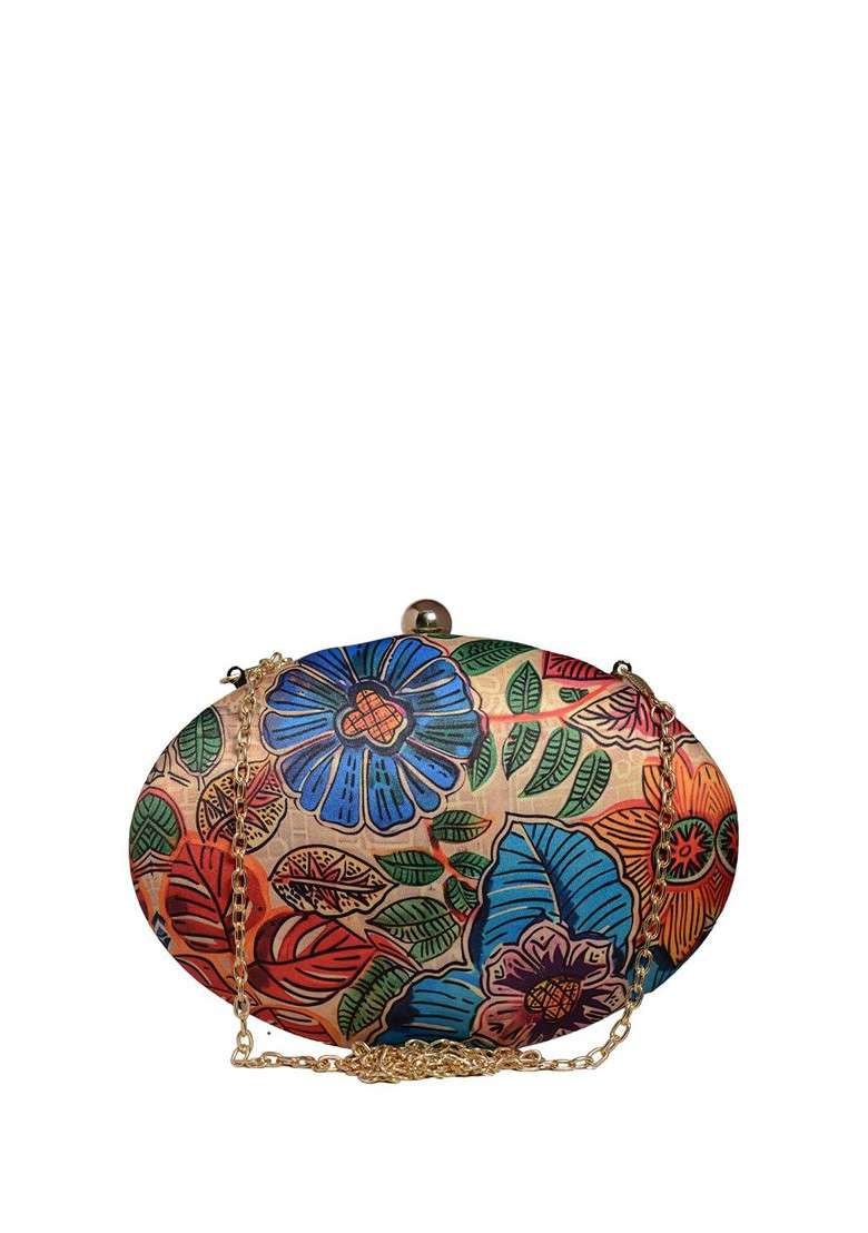 Orange Fabric Floral Printed Box Clutch - Indya