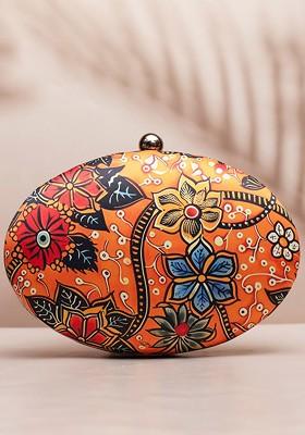 Orange Fabric Ethnic Motifs Printed Box Clutch