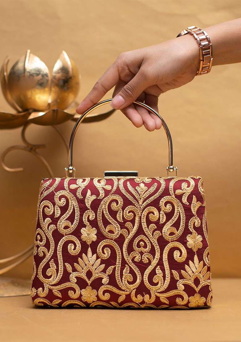 Maroon Satin Embroidered Box Clutch - Indya