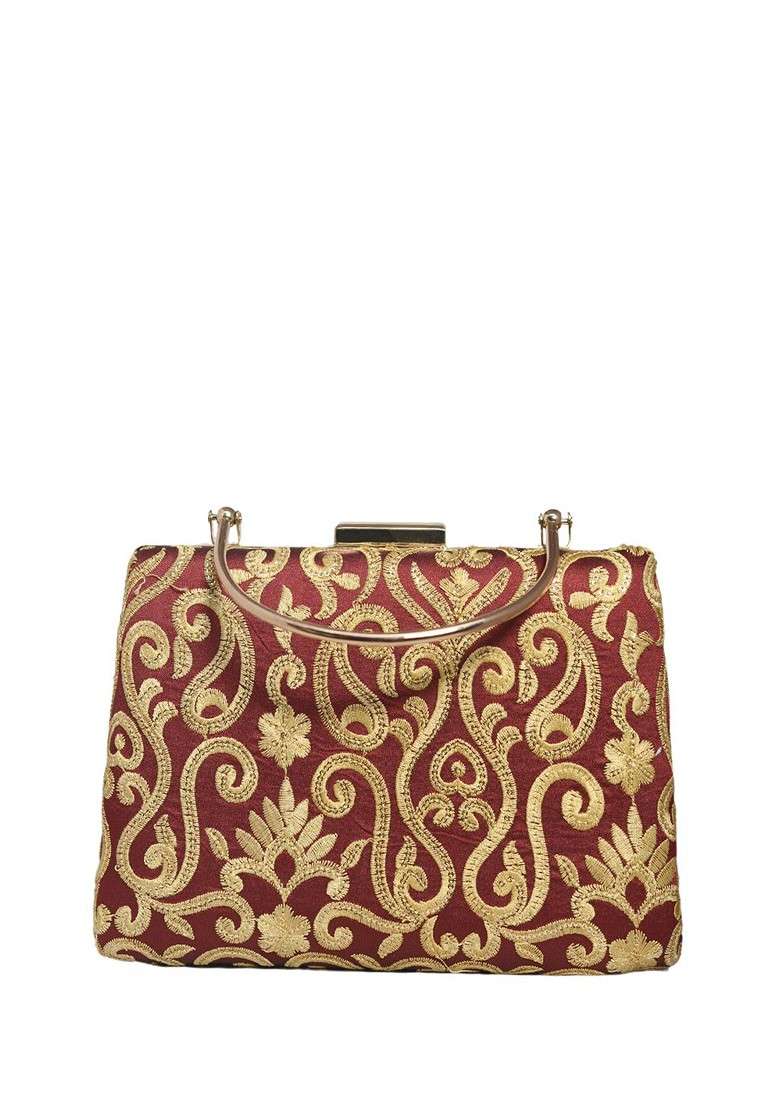 Maroon Satin Embroidered Box Clutch - Indya