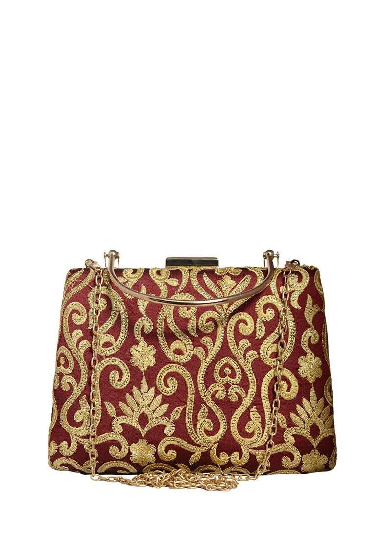 Maroon Satin Embroidered Box Clutch - Indya
