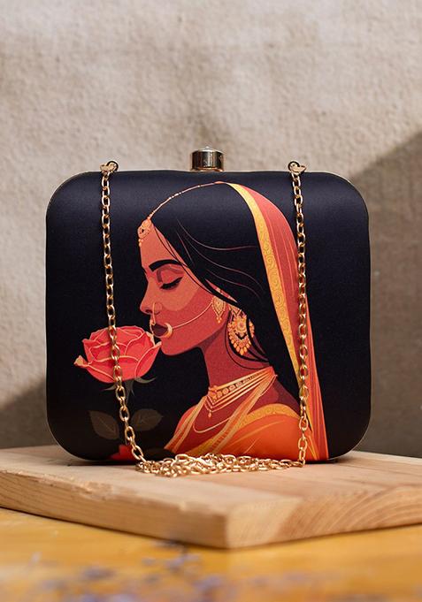 Black Fabric Printed Box Clutch