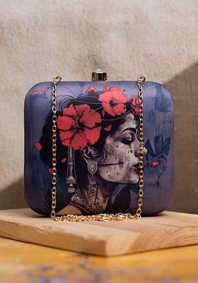 Purple Fabric Printed Box Clutch