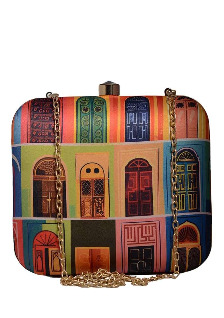 Blue Fabric Printed Box Clutch - Indya