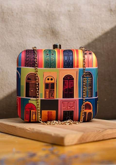 Blue Fabric Printed Box Clutch