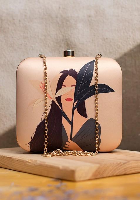 Cream Fabric Printed Box Clutch