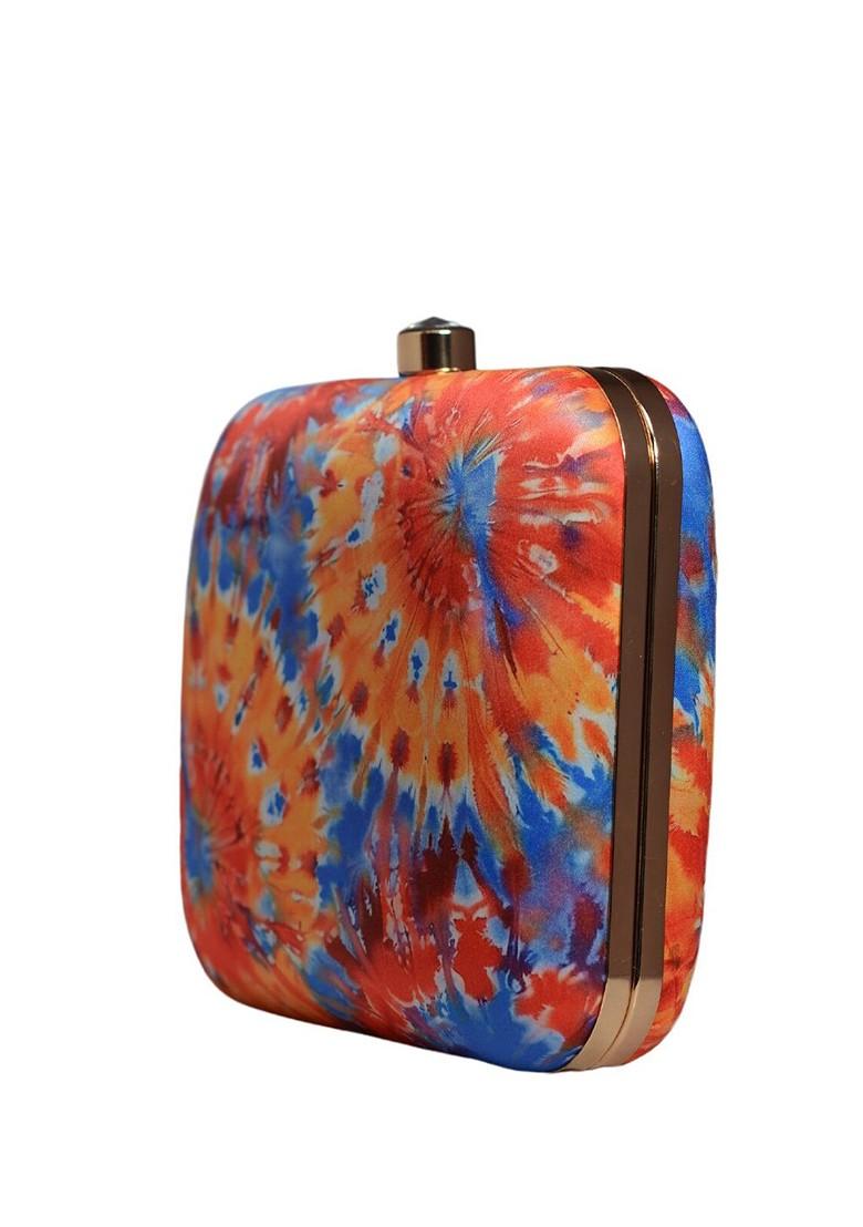Orange Satin Tie And Dye Dyed Clutch - Indya