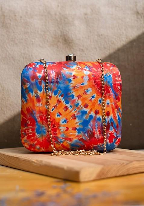 Orange Satin Tie And Dye Dyed Clutch