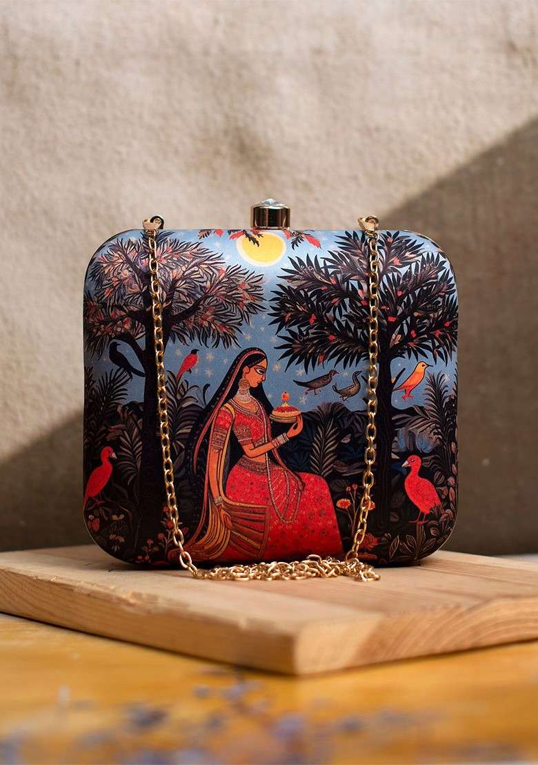 Blue Fabric Printed Box Clutch - Indya