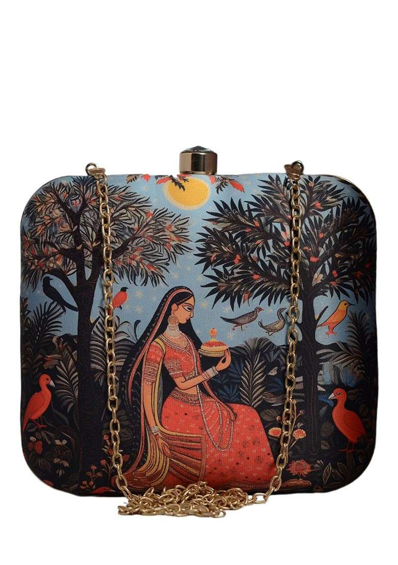 Blue Fabric Printed Box Clutch - Indya
