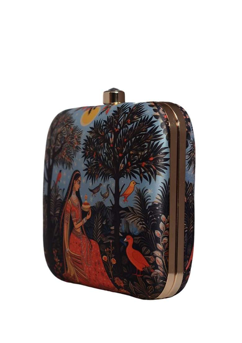 Blue Fabric Printed Box Clutch - Indya