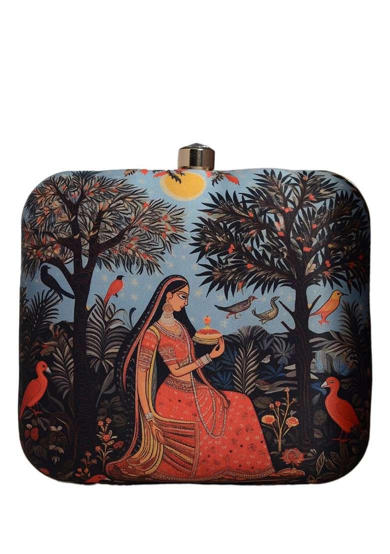 Blue Fabric Printed Box Clutch - Indya