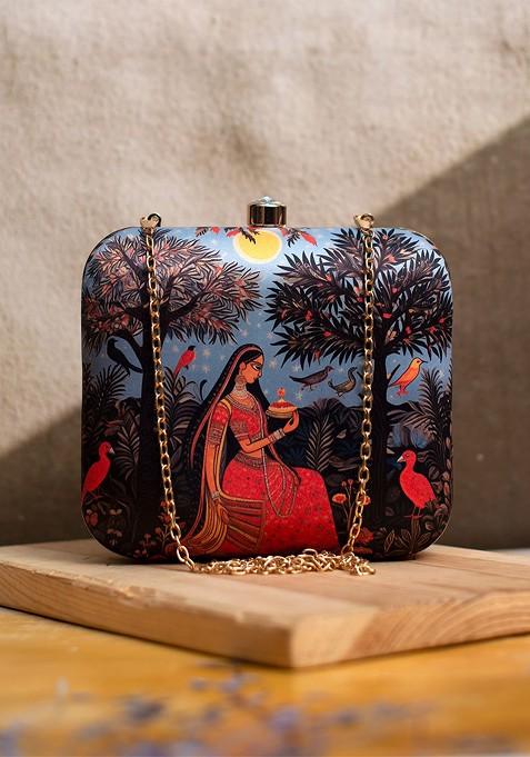 Blue Fabric Printed Box Clutch