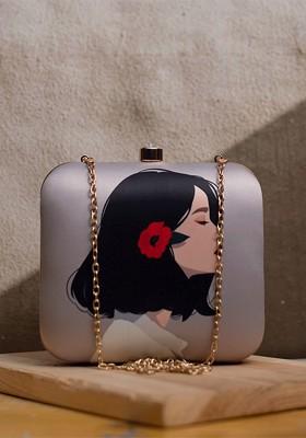 Grey Fabric Graphic Printed Box Clutch
