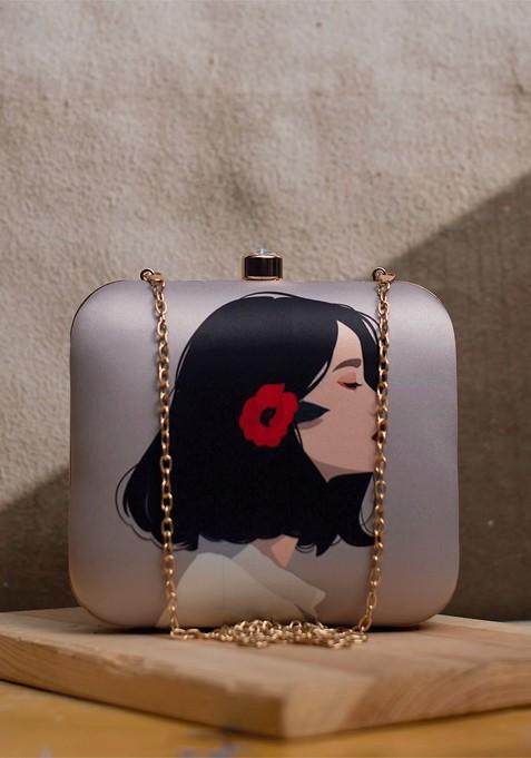 Grey Fabric Graphic Printed Box Clutch