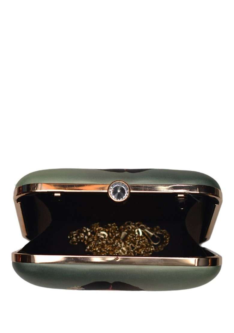 Green Fabric Printed Box Clutch - Indya