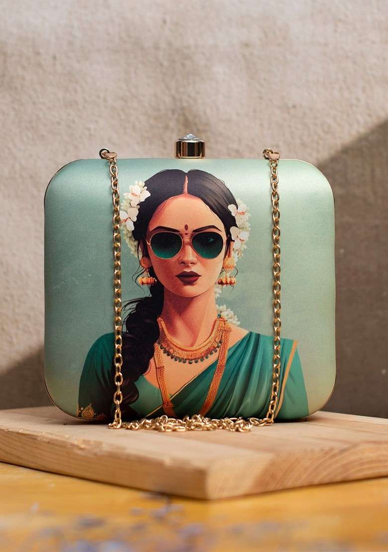 Green Fabric Printed Box Clutch - Indya