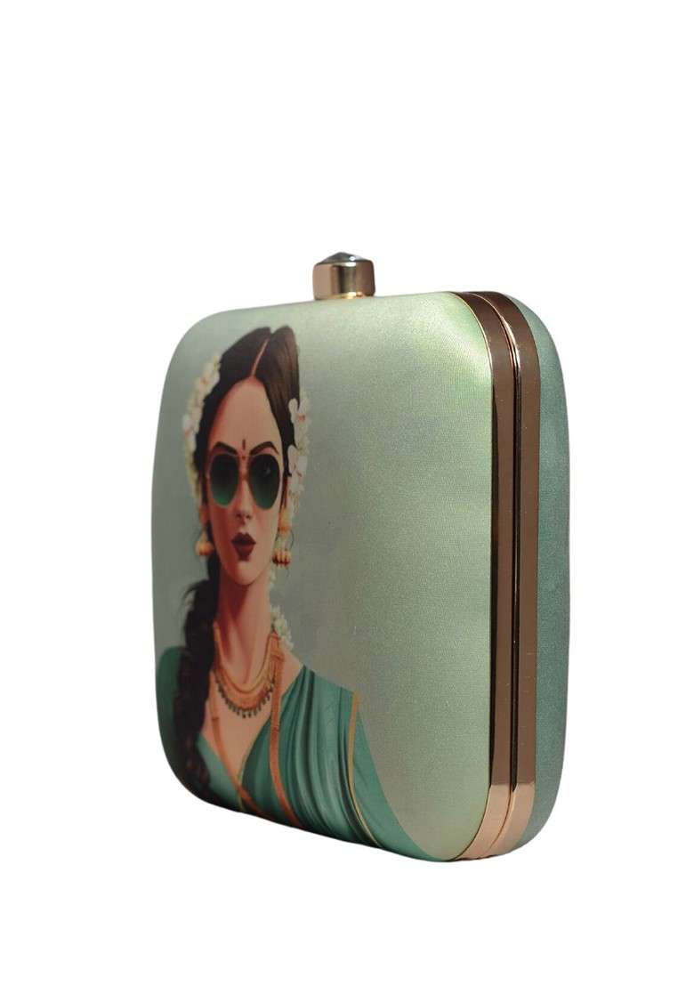 Green Fabric Printed Box Clutch - Indya