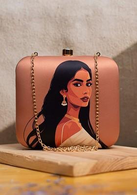 Brown Fabric Printed Box Clutch