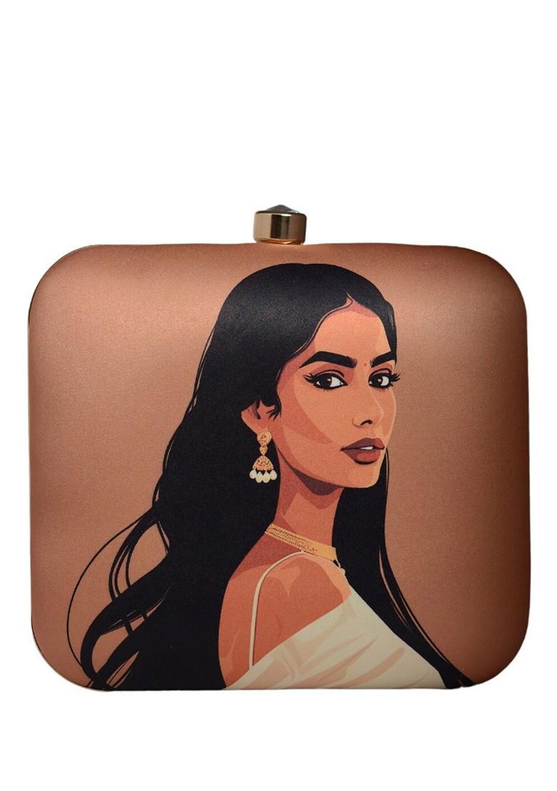 Brown Fabric Printed Box Clutch - Indya