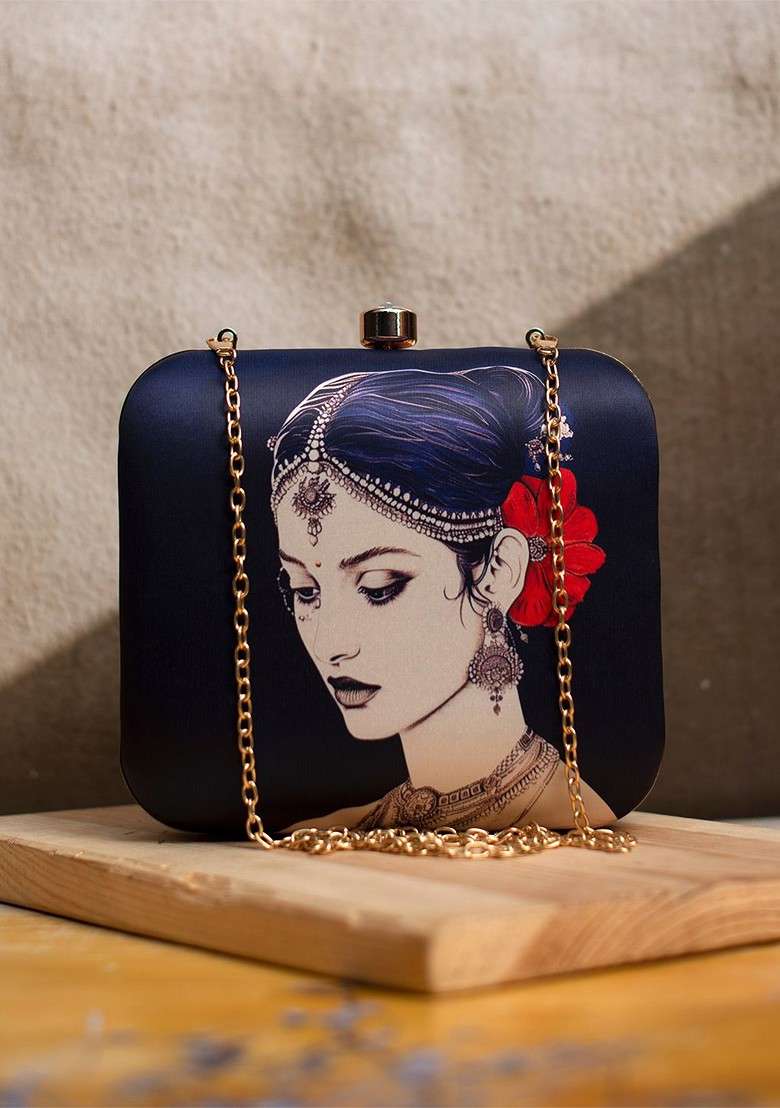 Black Fabric Printed Box Clutch - Indya