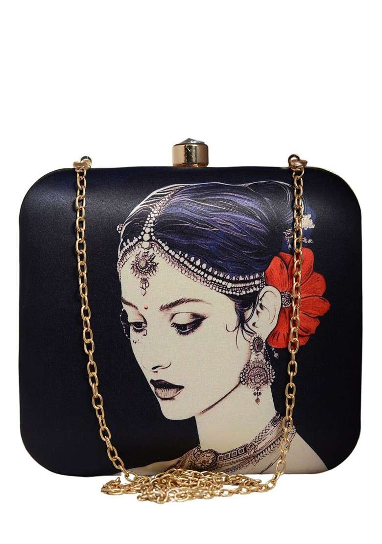 Black Fabric Printed Box Clutch - Indya