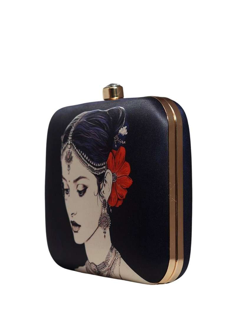 Black Fabric Printed Box Clutch - Indya