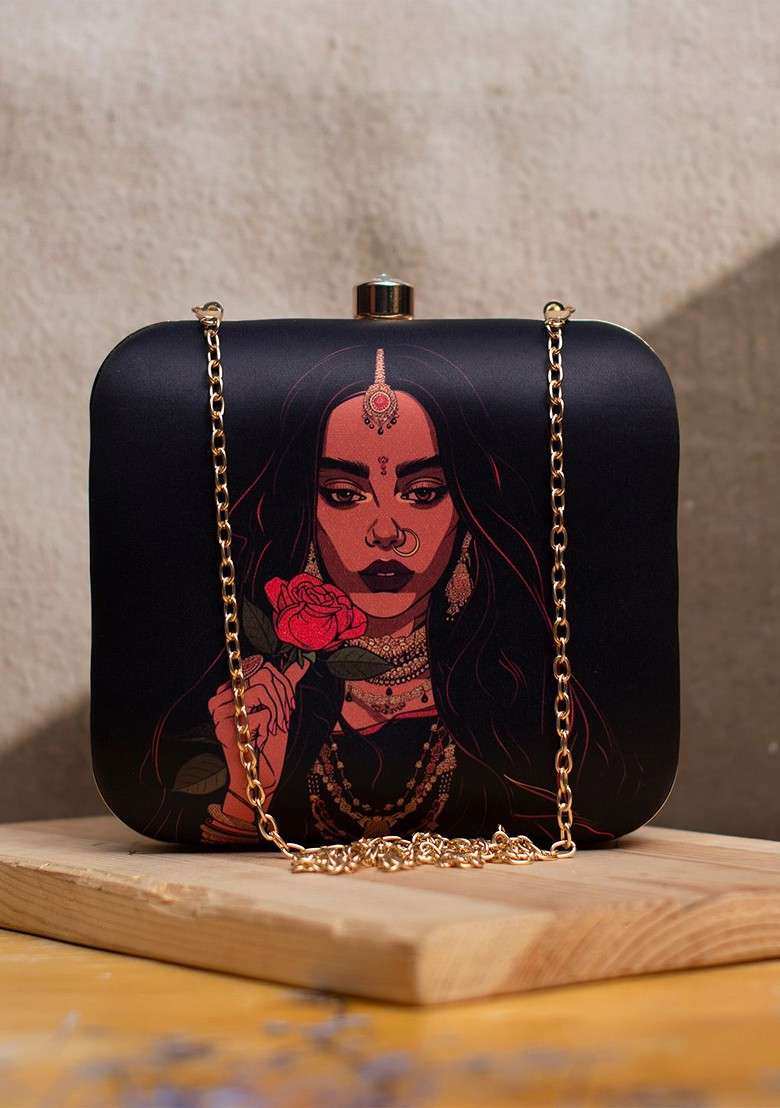 Black Fabric Printed Box Clutch - Indya