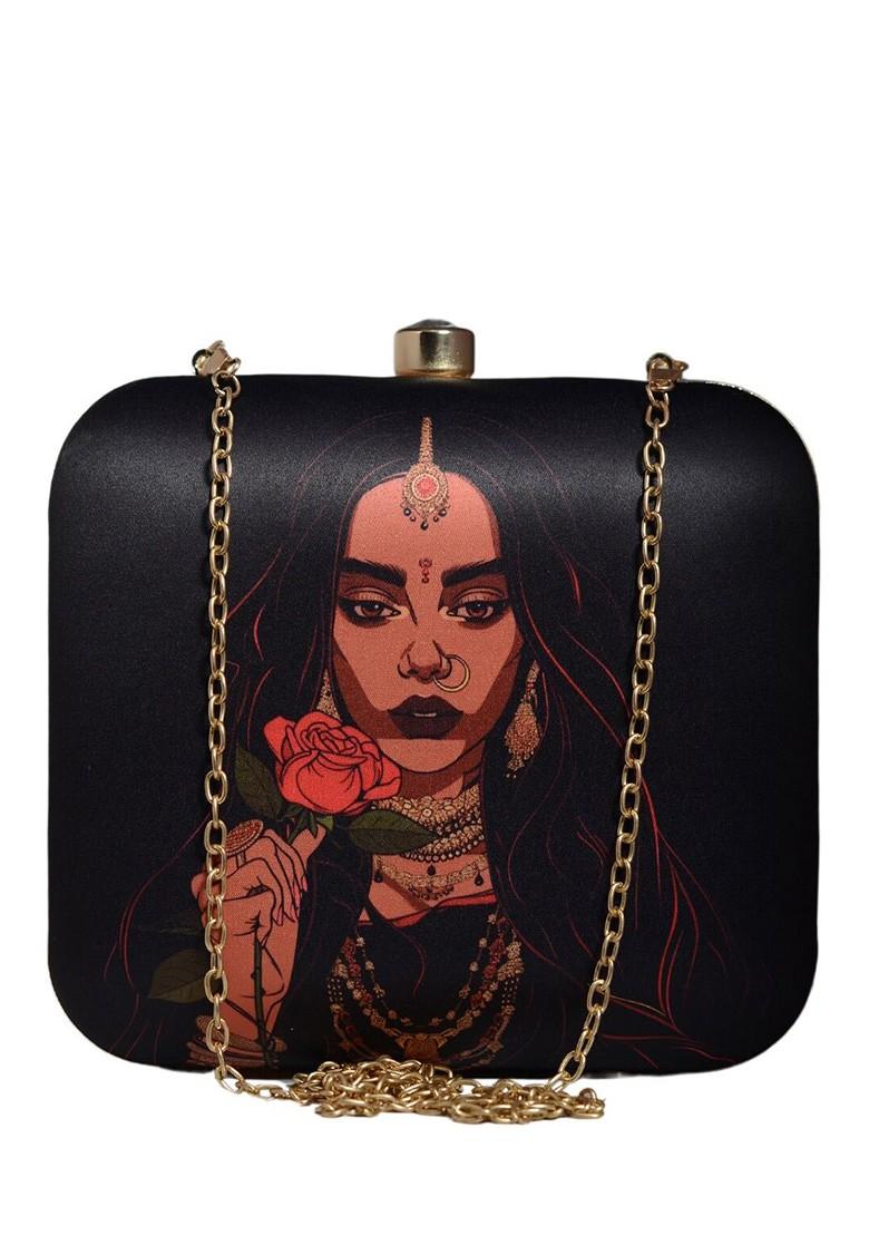 Black Fabric Printed Box Clutch - Indya
