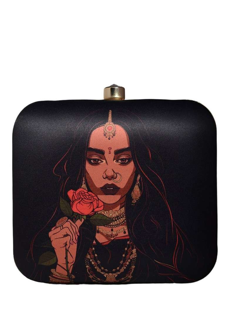Black Fabric Printed Box Clutch - Indya