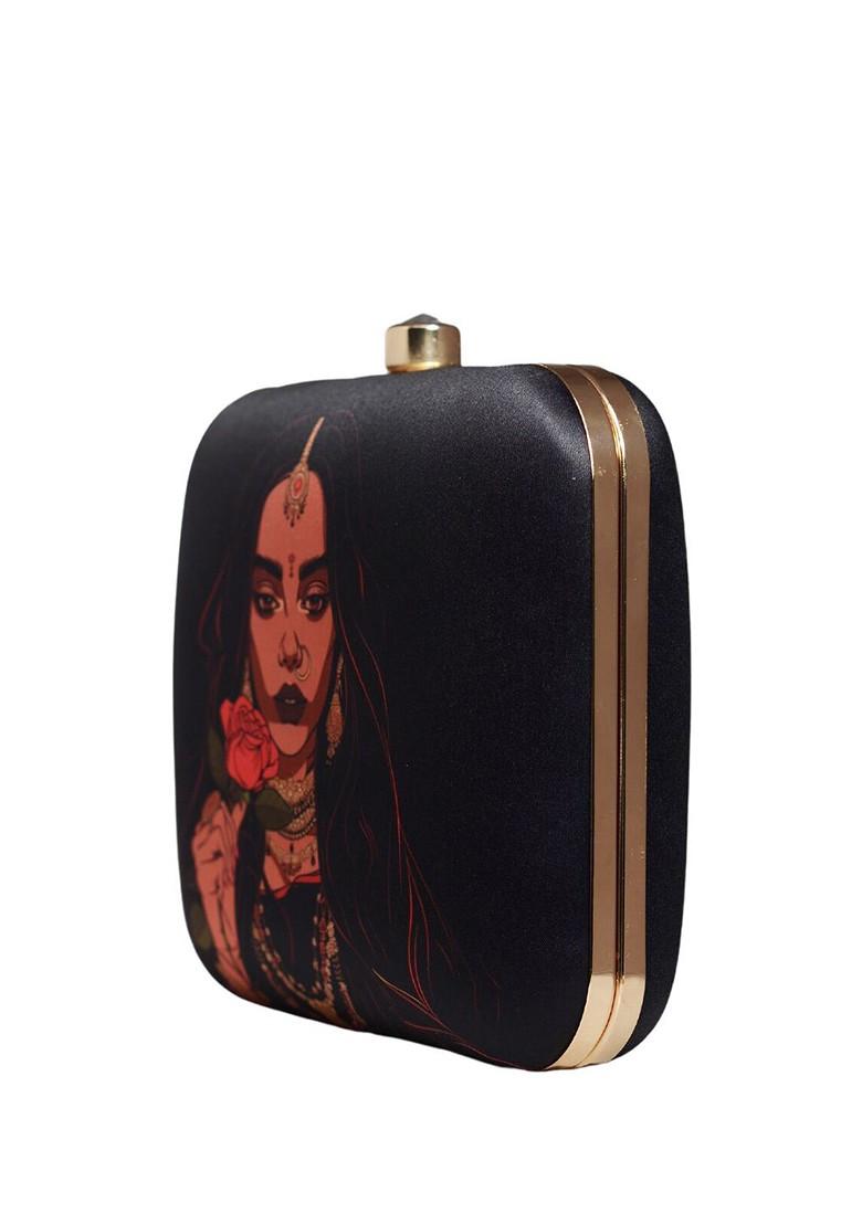 Black Fabric Printed Box Clutch - Indya